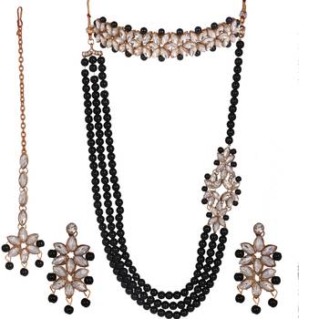 Steorra jewels Black Pearls String Side Kundan Floral Necklace Set for Women 2