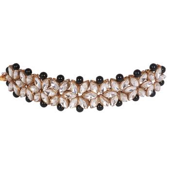 Steorra jewels Black Pearls String Side Kundan Floral Necklace Set for Women 4