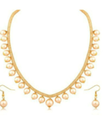 Steorra White Pearl Golden String Party Wear Long Necklace Set for women