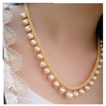Steorra White Pearl Golden String Party Wear Long Necklace Set for women 2