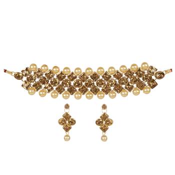 Steorra Jewels Golden Kundan Choker Necklace With Earrings For Women 2