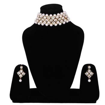 Steorra Jewels White Kundan choker Necklace Set With Earrings For Women 1