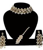 Steorra Jewels Floral Style transparent Gold Crystals Necklace Set with Maang Tikka Earrings for Women