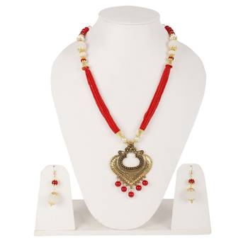 Steorra Jewels Red Golden Long Jewellery Set for Women 1