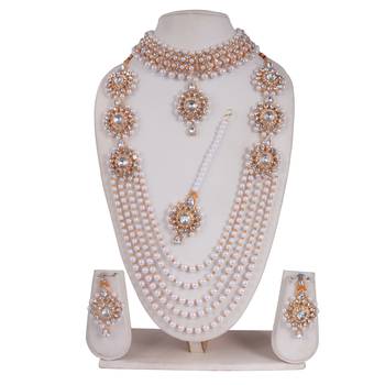 Sterorra jewels White Pearls Long Beads Necklace for Women with Choker Maangtikka Set 1