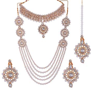 Sterorra jewels White Pearls Long Beads Necklace for Women with Choker Maangtikka Set 2