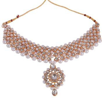 Sterorra jewels White Pearls Long Beads Necklace for Women with Choker Maangtikka Set 3