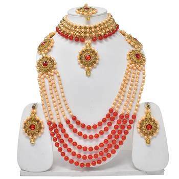 Sterorra jewels Red Pearls Long Beads Necklace for Women with Choker Maangtikka Set 1