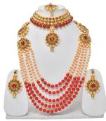 Sterorra jewels Red Pearls Long Beads Necklace for Women with Choker Maangtikka Set