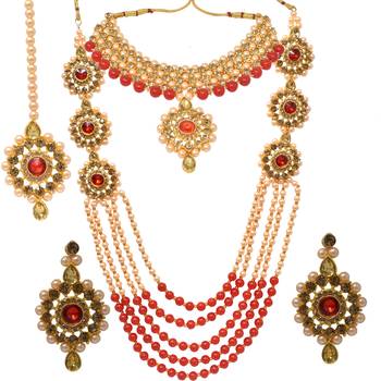 Sterorra jewels Red Pearls Long Beads Necklace for Women with Choker Maangtikka Set 2