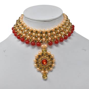 Sterorra jewels Red Pearls Long Beads Necklace for Women with Choker Maangtikka Set 3