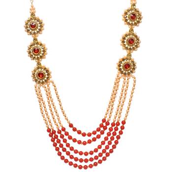 Sterorra jewels Red Pearls Long Beads Necklace for Women with Choker Maangtikka Set 4