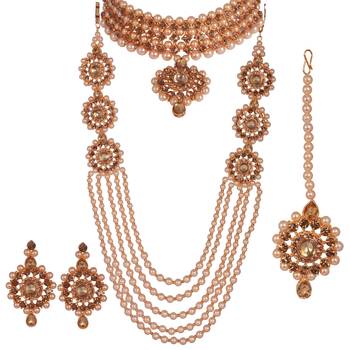 Steorra jewels Multistrand Pearls String Choker Necklace Set with Maangtikka Earrings 1