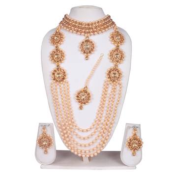Steorra jewels Multistrand Pearls String Choker Necklace Set with Maangtikka Earrings 2