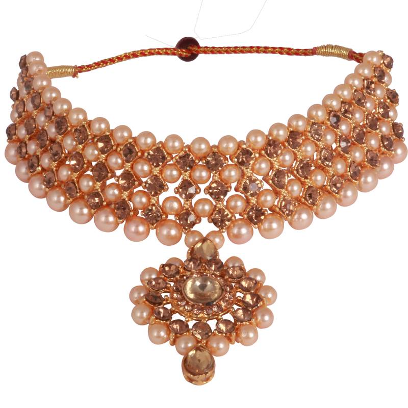 Steorra jewels Multistrand Pearls String Choker Necklace Set with Maangtikka Earrings