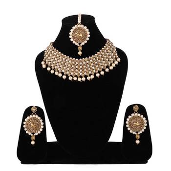 Steorra Jewels Copper Pearls Choker Set with Maangtikka  Earrings For Women 1