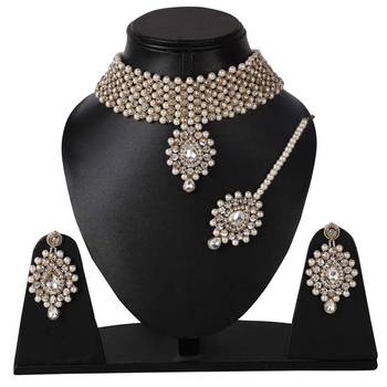Steorra Jewels Copper Stone Zircon Jewellery Necklace Set with Maang Tikka Earrings for Women 1