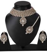 Steorra Jewels Copper Stone Zircon Jewellery Necklace Set with Maang Tikka Earrings for Women