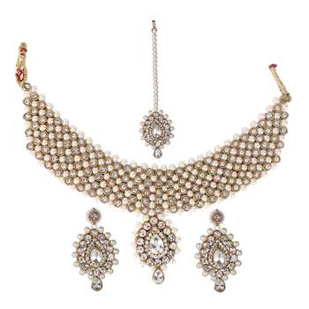 Steorra Jewels Copper Stone Zircon Jewellery Necklace Set with Maang Tikka Earrings for Women 2