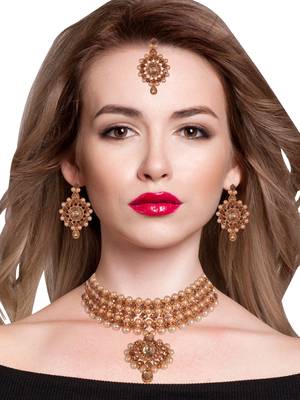 Steorra Jewels Gold Traditional Pearl Choker Set With Maangtikka  Earrings For Women 1