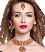 Steorra Jewels Gold Traditional Pearl Choker Set With Maangtikka  Earrings For Women