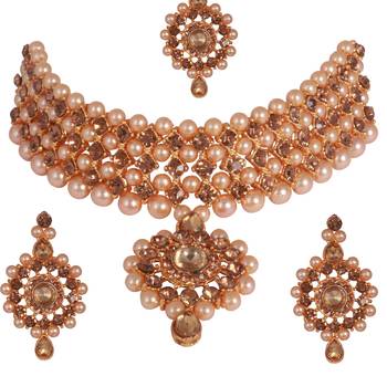 Steorra Jewels Gold Traditional Pearl Choker Set With Maangtikka  Earrings For Women 2