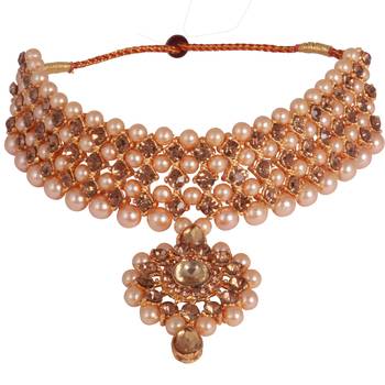 Steorra Jewels Gold Traditional Pearl Choker Set With Maangtikka  Earrings For Women 3