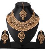 Steorra Jewels Crystals Pearls Necklace Set with Maangtikka  Earrings For Women
