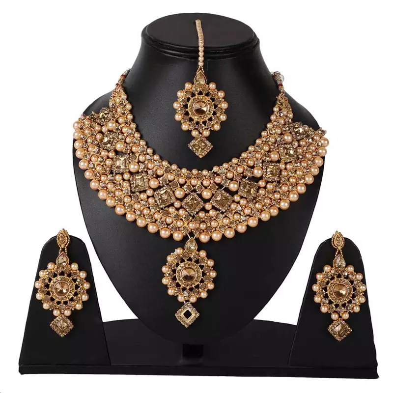 Steorra Jewels Crystals Pearls Necklace Set with Maangtikka  Earrings For Women