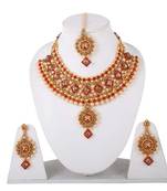 Steorra Jewels Red Traditional Jewellery Kundan Pearl Necklace Choker Set With maang tikka  Earrings For Women