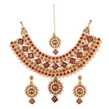 Steorra Jewels Red Traditional Jewellery Kundan Pearl Necklace Choker Set With maang tikka  Earrings For Women 2