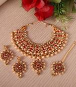 Steorra Jewels Red Party Wear Crystal Choker Traditional Jewellery Necklace Set with Maang Tikka Earrings for Women