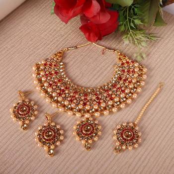 Steorra Jewels Red Party Wear Crystal Choker Traditional Jewellery Necklace Set with Maang Tikka Earrings for Women 2