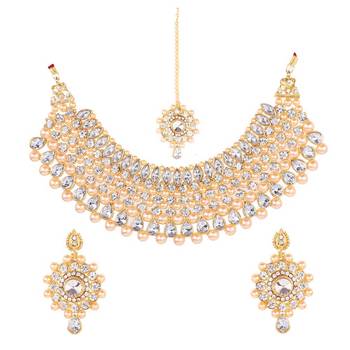 Steorra Jewels White & Goldden Party Wear Choker Traditional Necklace Set with Maang Tikka Earrings for women's 2