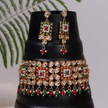 Steorra Jewels Multi Traditional Choker Jewellery Kundan Set with Earrings For Women 4
