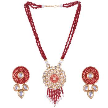 Steorra jewels Red Multi String Golden Tone Kundan Pendant Necklace Set for Women 2