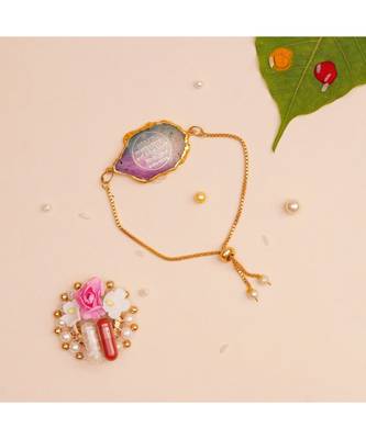 Traditional Auspicious Gayatri Mantra Agate Bracelet Rakhi with Roli Chawal for Brother Multicolor 1