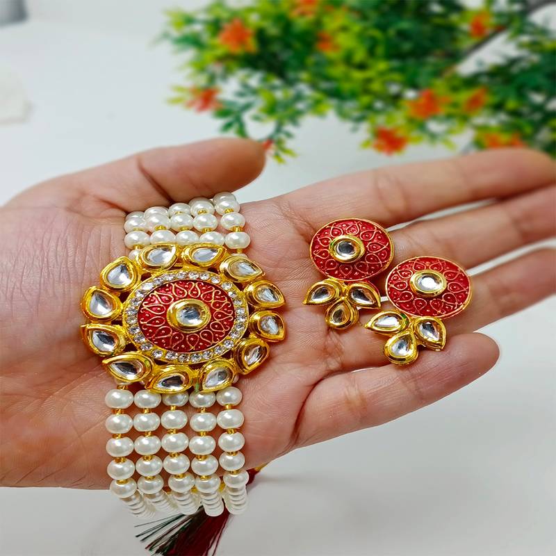 Steorra  jewels White Beads Multistring Red Choker Necklace for Women