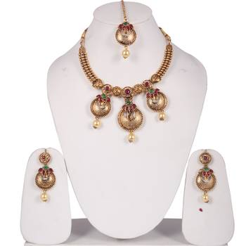 Steorra Jewels Traditional Golden Necklace With Jhumki Earring And Maang Tikka 1