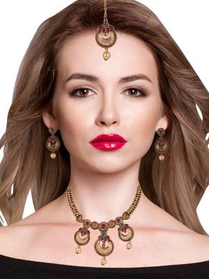 Steorra Jewels Traditional Golden Necklace With Jhumki Earring And Maang Tikka 3