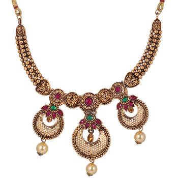 Steorra Jewels Traditional Golden Necklace With Jhumki Earring And Maang Tikka 4