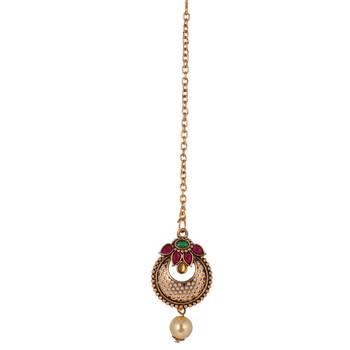 Steorra Jewels Traditional Golden Necklace With Jhumki Earring And Maang Tikka 5