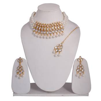 Steorra Jewels Traditional Partywear White Pearl Kundan Choker Necklace Set For Women And Girls 1