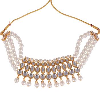 Steorra Jewels Traditional Partywear White Pearl Kundan Choker Necklace Set For Women And Girls 2