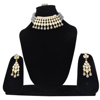 Steorra Jewels Traditional Partywear Grey Pearl Kundan Choker Necklace Set For Women And Girls 1