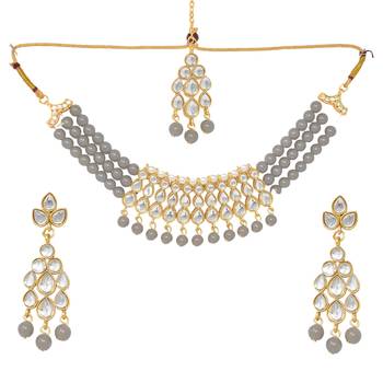 Steorra Jewels Traditional Partywear Grey Pearl Kundan Choker Necklace Set For Women And Girls 2