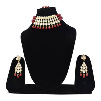 Steorra Jewels Traditional Partywear Maroon Pearl Kundan Choker Necklace Set For Women And Girls 1