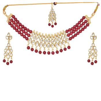 Steorra Jewels Traditional Partywear Maroon Pearl Kundan Choker Necklace Set For Women And Girls 2