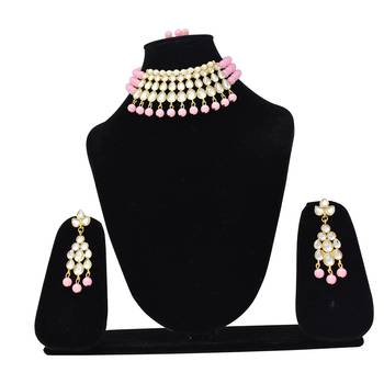 Steorra Jewels Traditional Partywear Pink Pearl Kundan Choker Necklace Set For Women And Girls 1