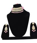 Steorra Jewels Traditional Partywear Pink Pearl Kundan Choker Necklace Set For Women And Girls
